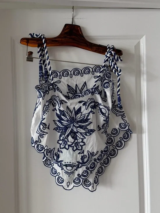 Farm Rio Off-White Garden Tiles Tassels Richelieu Blouse - Picture 7 of 7